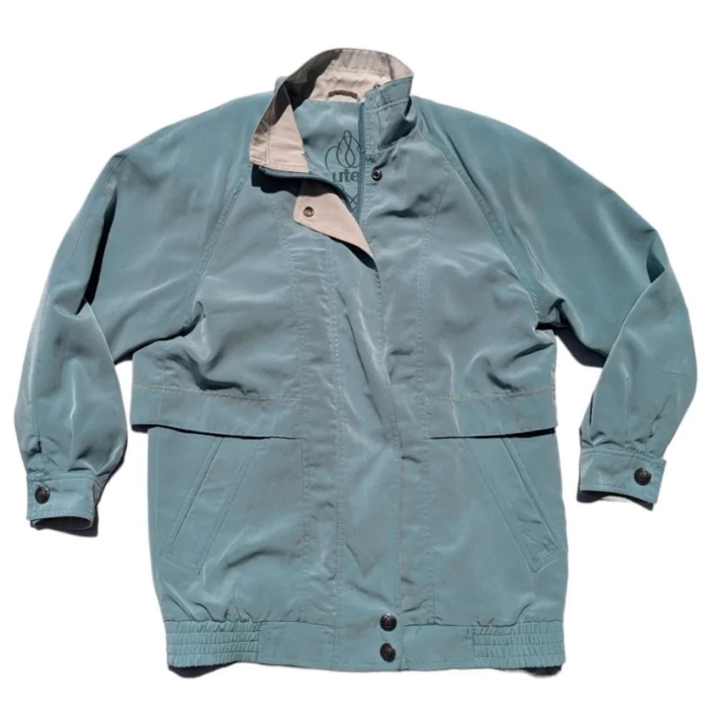 Vintage Teal Blue Green Cream Windbreaker Zip Up Button Jacket Utex XS Woman